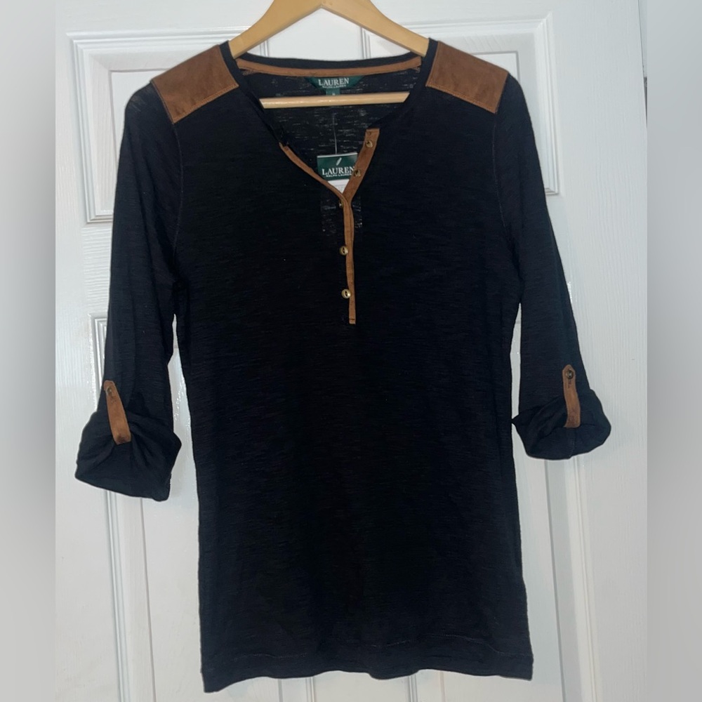 Lauren Ralph Lauren Henley BlackPullover 
Faux Leather Suede Shoulders Trim